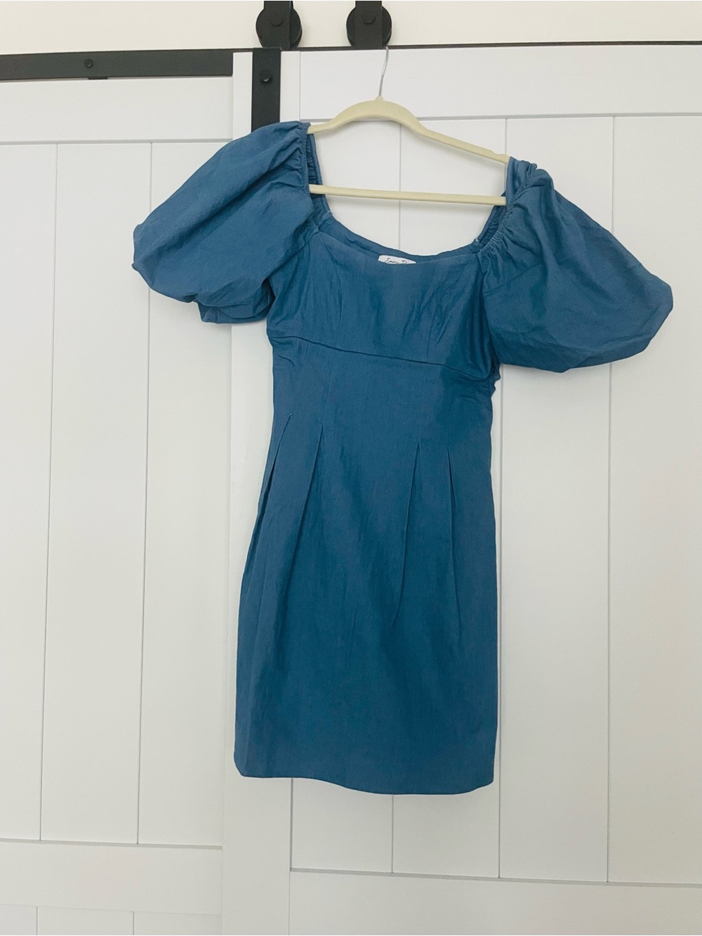 Chambray denim Blue Puff-Sleeve Mini Dress - M
